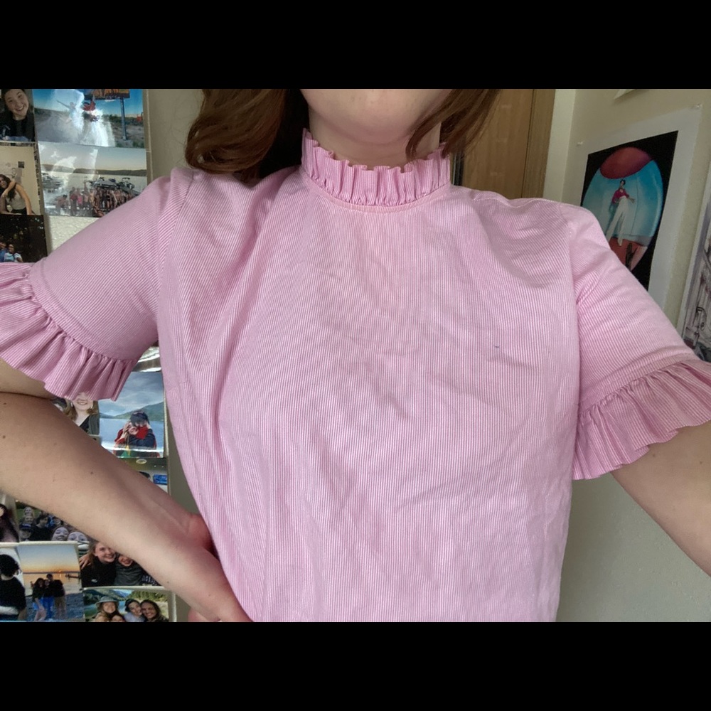J Crew Pink shirt with ruffled sleeves!